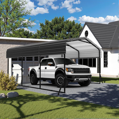 10x15ft Metal Carport, Heavy Duty Carport Canopy With Iron Roof And Frame, Extra Large Car Ports Withstand Strong Wind Or Rain, Suitable For Parking Pickup, Boat, Car, And Tractor, Deep Gray