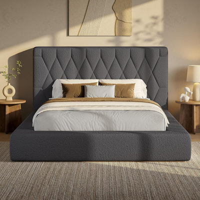 Structure de lit tapissier grand avec tête de lit 5,9 po, lit plateforme entièrement rembourré, coins arrondis doux et silencieux pour la chambre principale / chambre d'amis, assemblage facile en 15 minutes, gris