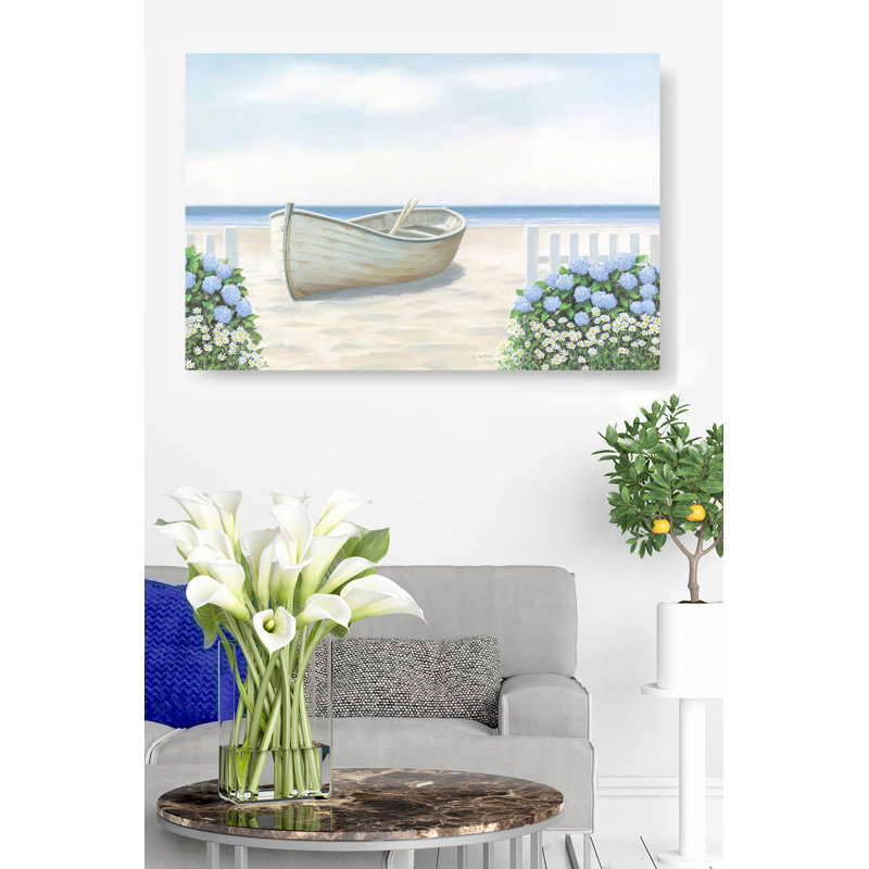 Bateau sur le chemin de la plage, clôture, fleurs, bleu, brun clair, bord de mer, H 24 po x l 48 po x P 1,5 po