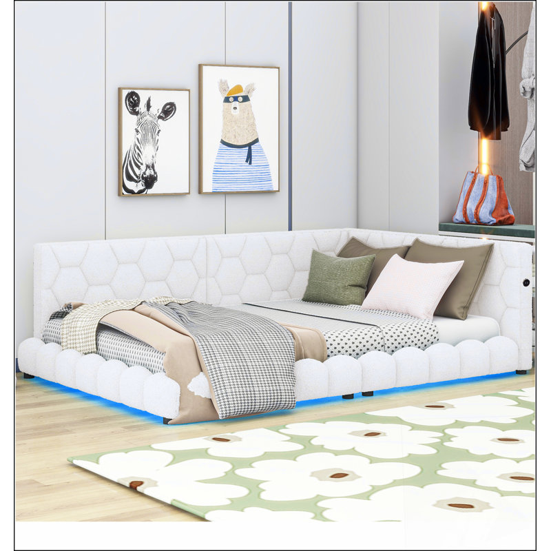 Lit plateforme tapissier avec ports USB et ceinture à DEL, Blanc