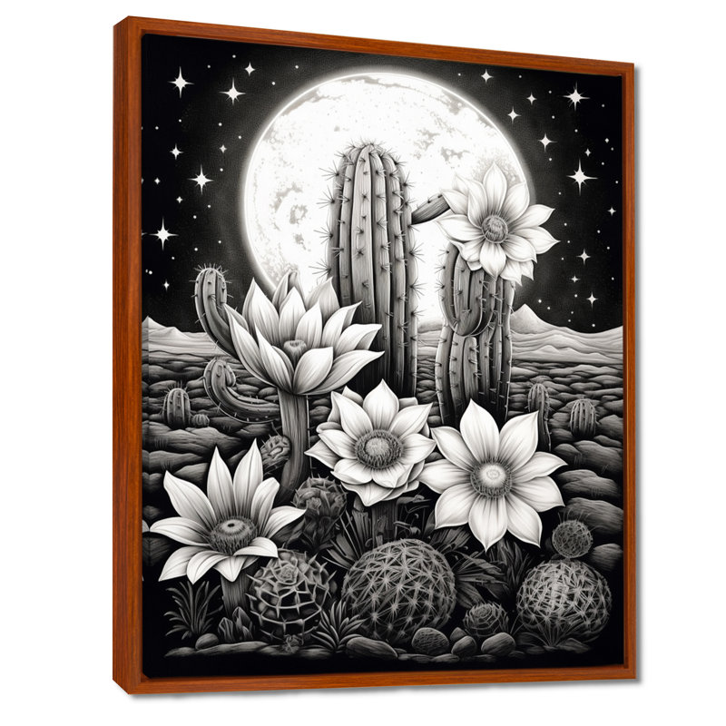 Décoration florale de cactus en fleurs pleine lune monochrome - cactus floral, Toile avec cadre flottant brun