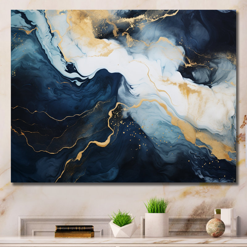 Or et bleu, peinture abstraite sur marbre IV - Art mural abstrait en marbre, H 12 po x l 20 po x P 1 po, Toile tendue