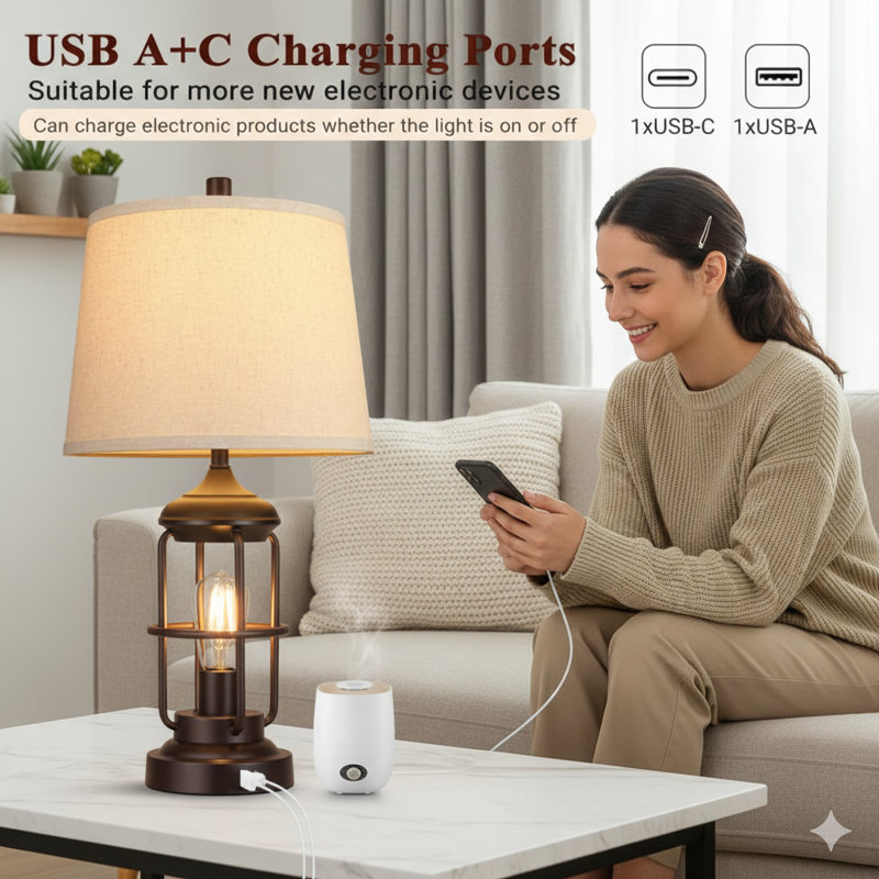 Ensemble de 2 lampes de table avec ports USB, lampe de chevet à intensité variable à 3 voies avec 2 lumières DEL et table de chevet rustique pour le décor de la chambre à coucher (ampoules 2700K incluses)