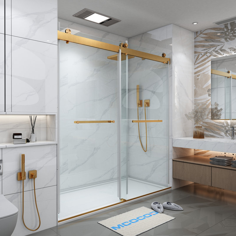 Opal Mirage MCOCOD 70-76.75"W x 76"H Double Sliding Frameless Soft Close Shower Door with 3/8"(10mm)Clear Glass, Gold
