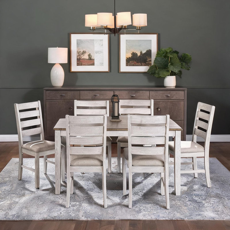 Two-Tone Greyish White and Brown 7-Piece Rectangular Dining Set with Table and 6 Fabric Upholstered Side Chairs for Casual Dining Rooms