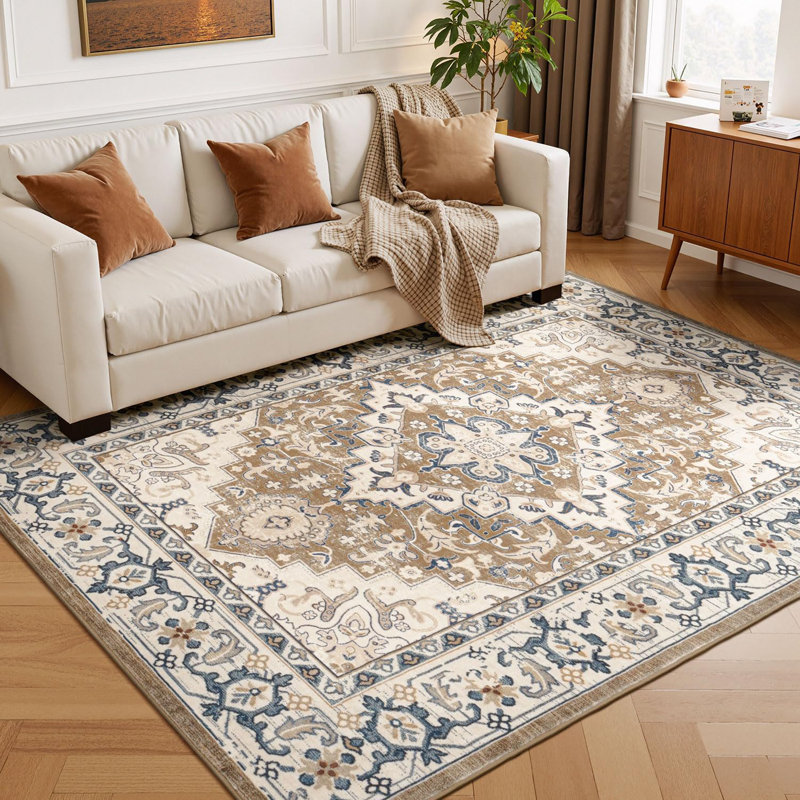 Eleana Vintage Distressed Washable Area Rug with Non-Slip Backing Brown Beige, Rectangle 5' x 7', Brown Beige