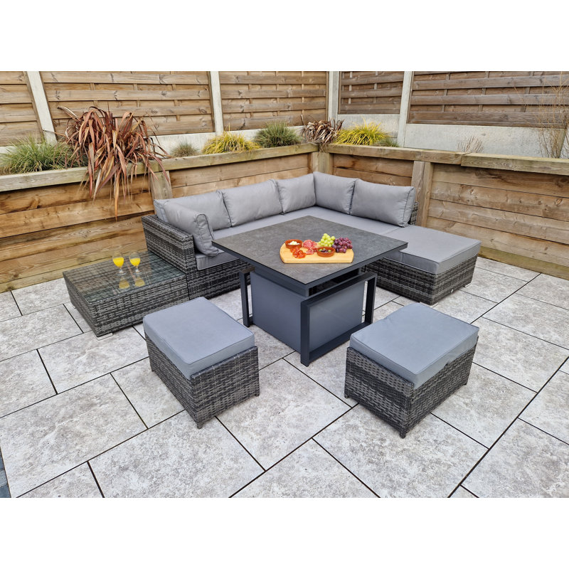Kynisha Outdoor Curved Corner Sofa with Cushions, Grey, Grey