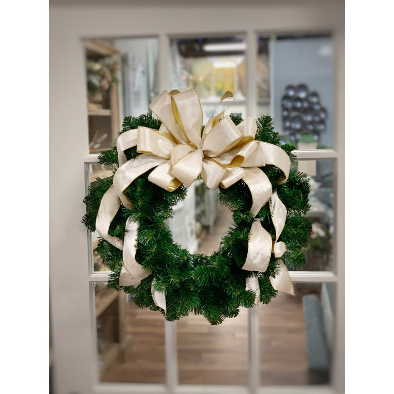 Couronne à feuilles persistantes Jeyli, H 26 po x l 26 po x P 8 po, Vert/doré