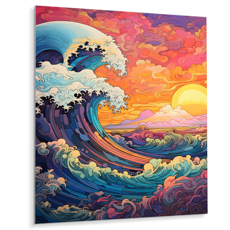 Coucher de soleil japonais sur les vagues de Kanagawa 2 - Art mural en métal au Japon, H 32 po x l 16 po x P 1 po