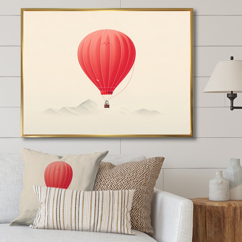 Coral Hot Air Ballon Minimalist I - Transportation Canvas Prints, H 16 po x l 32 po x P 1 po, Cadre flottant doré