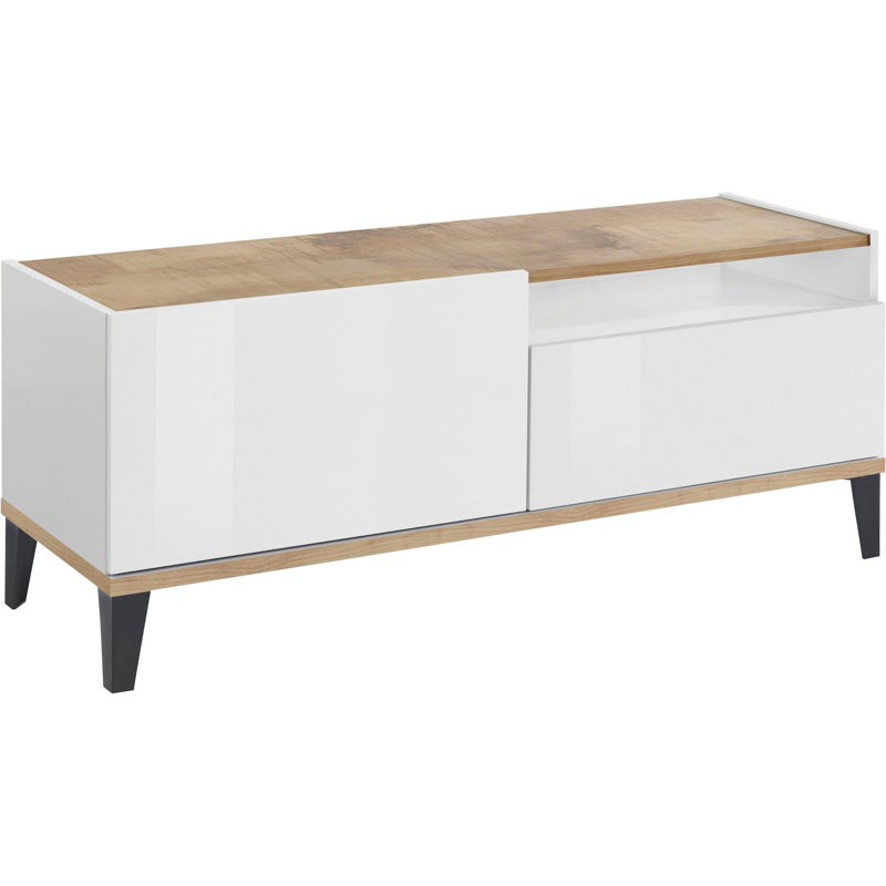 Puteaux Unfinished TV Stand, White Glossy/Maple Pereira