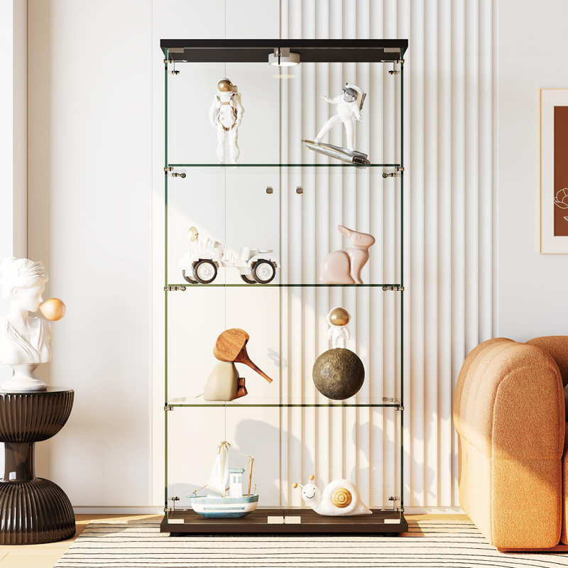 Glass Display Cabinet with LED Light, 4 Shelves and Lock for Living Room Bedroom Office, Black