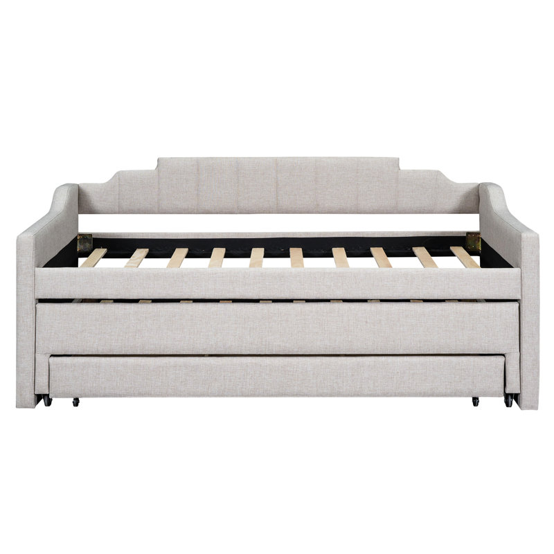 Lit de jour simple beige avec lit gigogne et tiroirs de rangement - Fabriqué en bois de pin pour plus de durabilité