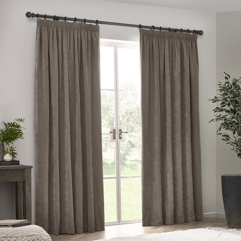 Heavy Chenille Blackout Curtain Panel Pair, 168cm Width x 137cm Drop, Grey/Beige