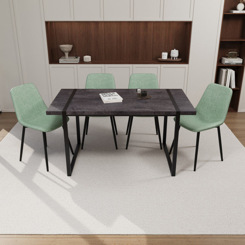 Ensemble de table de salle à manger en bois et panneau de fibres à densité moyenne 59 po en bois noir 59 po, ensemble de table de salle à manger en bois de style médiéval, base en métal rectangulaire, table de salle à manger et chaise en suède