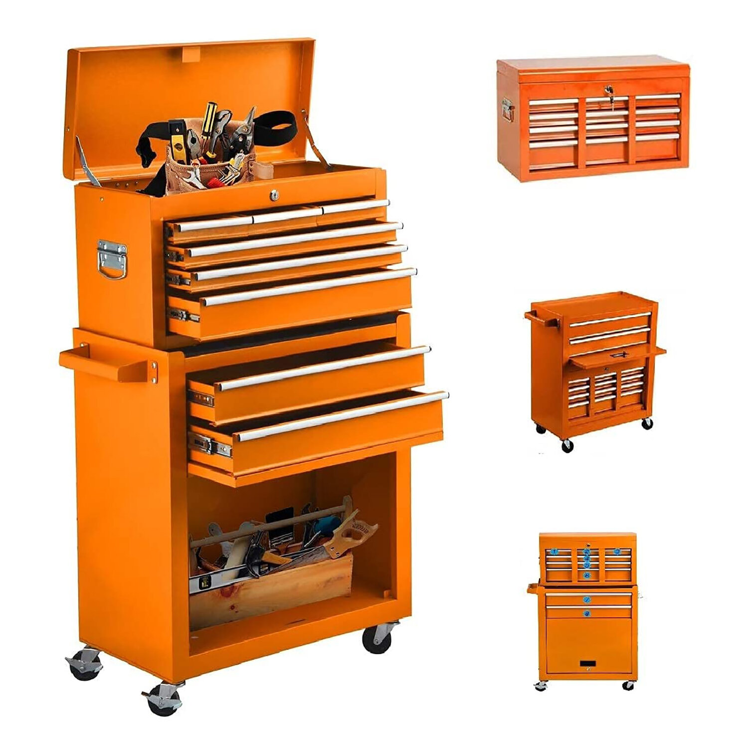 8-Drawer Tool Box with Wheels, Rolling Tool Chest with Drawers, Cabinet Tool Organizer Odaof Color: Orange
