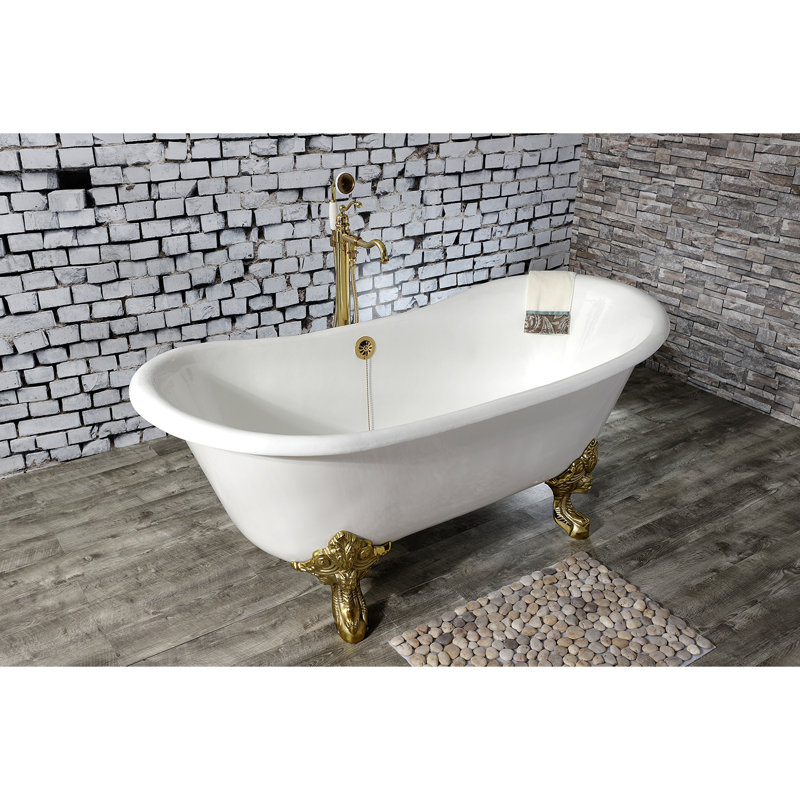 Kingston Aqua Eden 67-Inch Cast Iron Oval Double Slipper Clawfoot Tub (No Faucet Drillings), Polished Brass