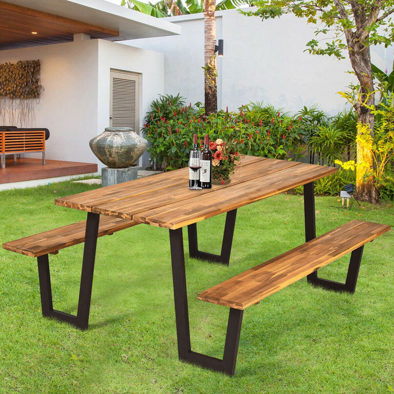 70 In. L X 30 In. W Solid Wood Picnic Table With Bench Umbrella Hole For 6