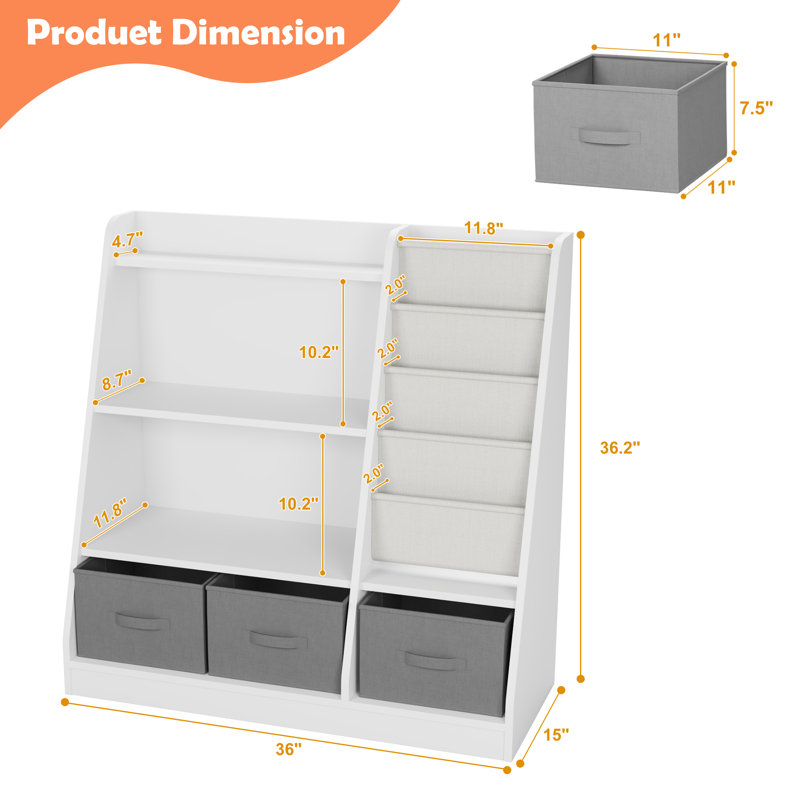 4 Tier Kids Bookshelf, Toddler Bookshelf And Toy Storage, Baby Wooden Bookcase With Drawers, 36.2'' H X 36'' W X 15'' D