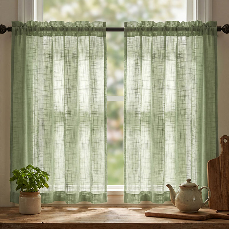Heavy Textured Faux Linen Tier Curtains Semi Sheer Light Filtering Small Window Kitchen Curtains Short Cafe Curtains Drapes with Dual Rod Pocket Sage Green 25x36inch