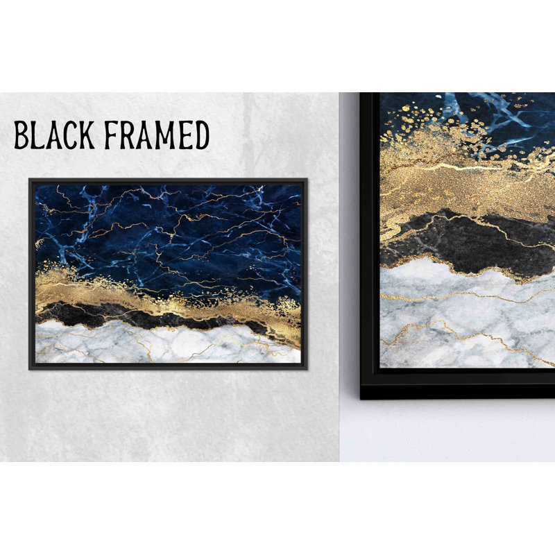 Impression sur toile en verre trempé marbré bleu marine et doré, toile noire encadrée 1P, H: 11,9 po x l: 15,8 po
