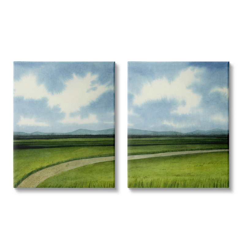 «Country Cloudy Countryside Green Fields Design» par Grace Popp - ensemble de 2 peintures, Toile tendue