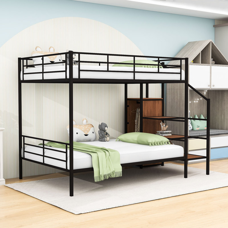 Lit superposé avec tablettes d'escalier intégrées et garde-robe sous le lit, Lit superposé double sur double