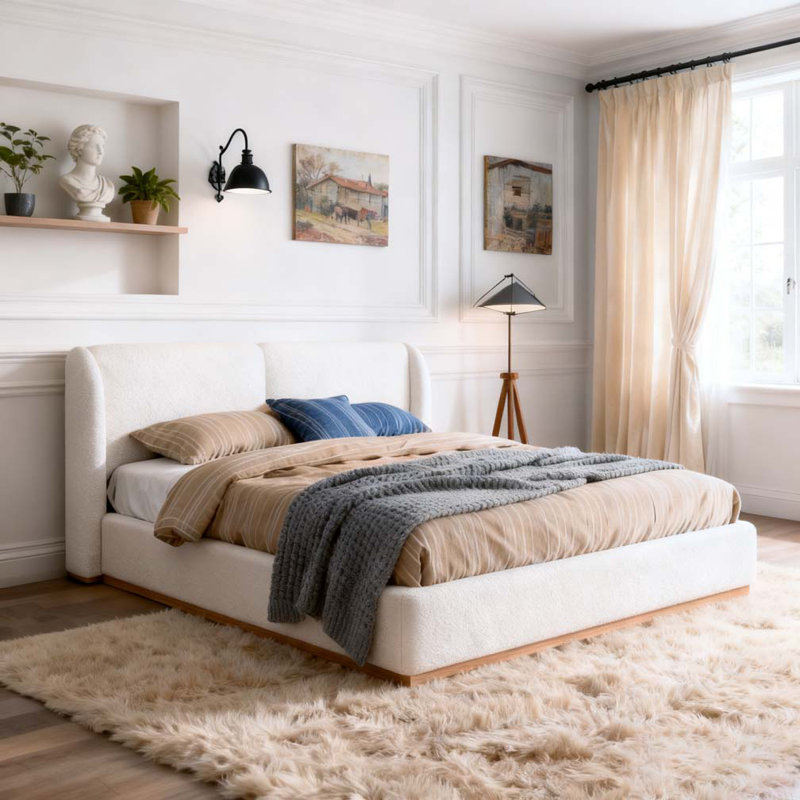 Très grande base de lit avec tête de lit tapissier à oreilles Boucle