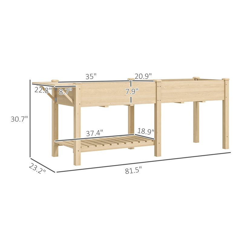 Wood Raised Garden Box, Elevated Garden Bed With Side Table, Bottom Shelf, Bed Liners And Drainage Holes, Natural