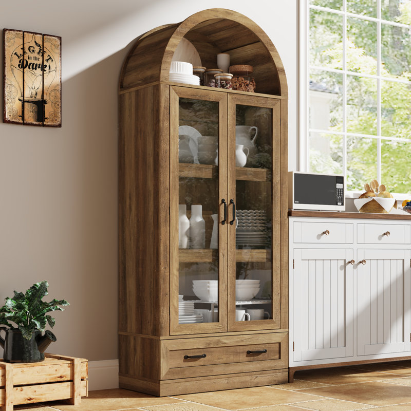 75"H Arched Kitchen Pantry Storage Cabinet With Drawer And Glass Doors, Farmhouse Kitchens Storage Cabinet With Load-Bearing Steel Pipe, Tall Arched Bookcase, Pantry Organizer For Living Room