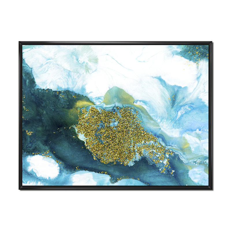 «Blue and Glitter Gold», reproduction d'art sur toile, H 24 po x l 32 po, Cadre flottant noir