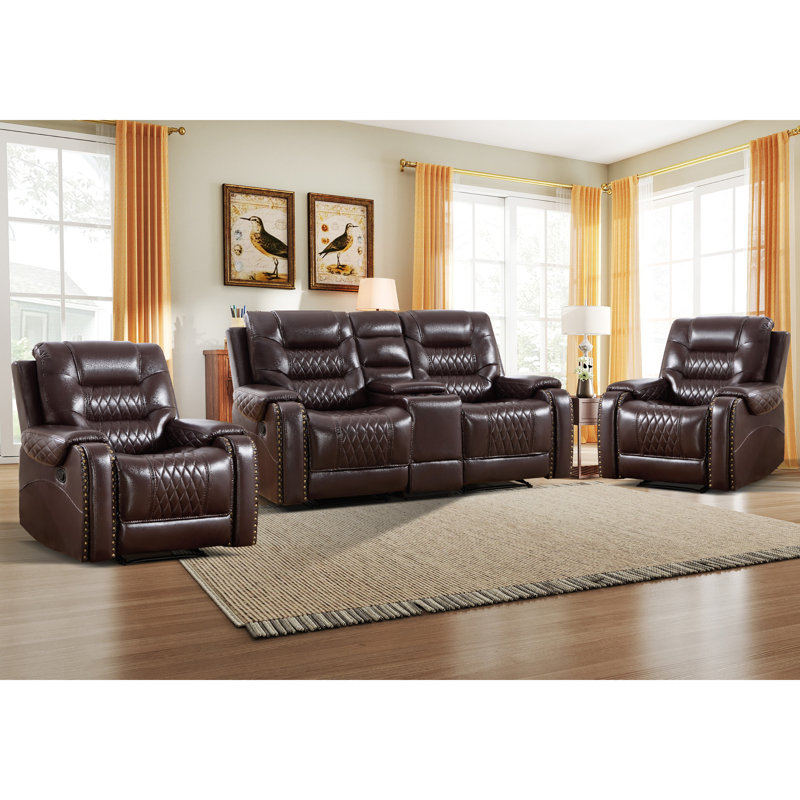 Ensemble de salon inclinable manuel en similicuir 3 pièces avec console de rangement et porte-gobelets, Marron foncé
