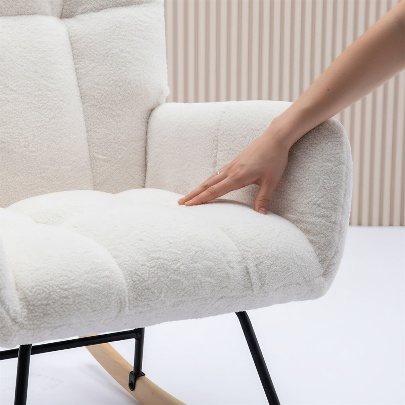 Chaise berçante en tissu doux et moelleux avec dossier à oreilles confortable et base en bois massif sécuritaire, Blanc