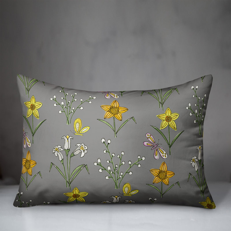  Coussin décoratif floral intérieur / extérieur en polyester, Gris, H 18 po x l 25 po