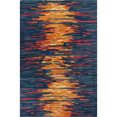 Cloral Authentic Hand-Tufted Handmade Navy, Orange & Gold Modern Abstract Horizon Wool Area Rug