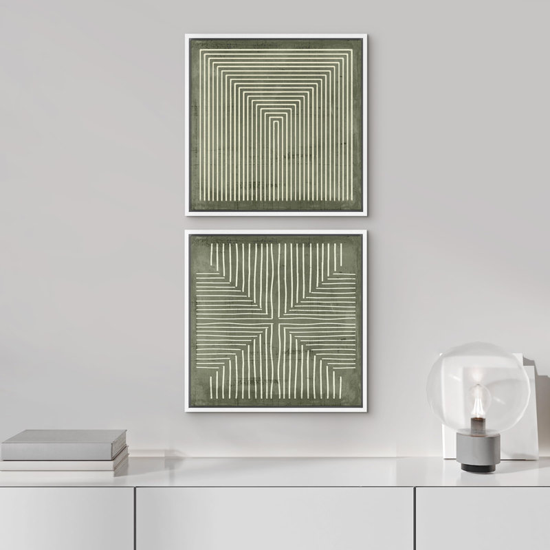Geometric Abstract Line Minimalist - Framed Canvas Master Bedroom Wall Art Work 2 Pieces Print, 24" H x 24" W x 1.5" D, White