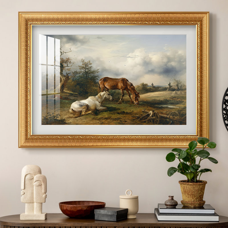 Deux chevaux au pré, vers 1825 - Friedrich Gauermann - Estampe encadrée sur mesure, Format intérieur 20 po x 28 po