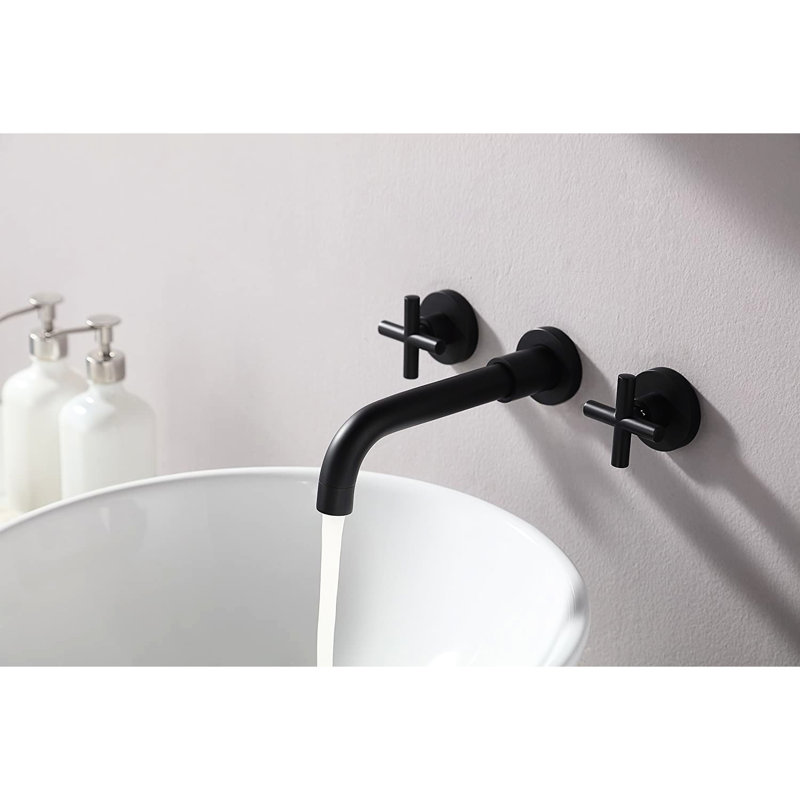 Double Handle Wall Mounted Bathroom Faucet Matte Black - Rust & Corrosion , Scratch Tarnish Spot Finish 1.5 Gpm Flow Rate 8'' Spout Height, 7'' Reach 3'' Centers Includes Deck Plate, Drain Assembly