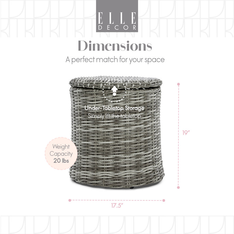 Gray Round Wicker Outdoor Side Table with Storage