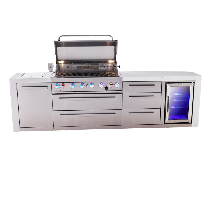 Îlot de cuisine en acier inoxydable modulaire de luxe avec réfrigérateur L 119 po x P 75 po x H 46 po Mont + Alpi avec barbecue à 6 brûleurs de 44 po + brûleur latéral + comptoirs en granit blanc + tiroirs de rangement + couvercle + convertible au gaz naturel + Garantie à vie