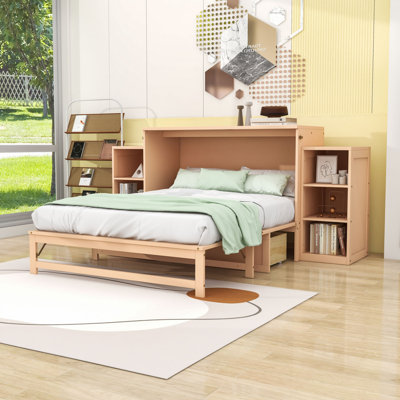 Lit escamotable avec tiroirs de rangement et tablettes ouvertes Murphy
