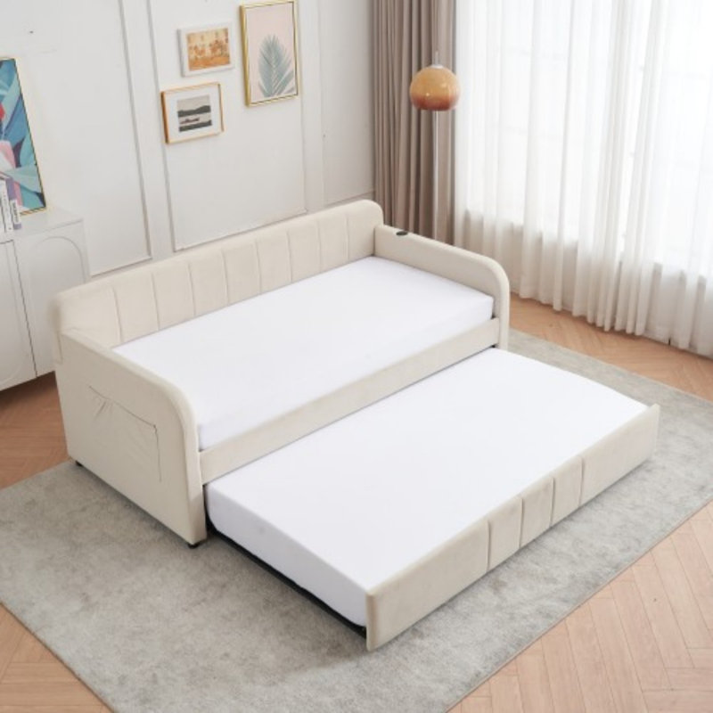 Twin Upholstered Daybed Frame with Trundle, Beige