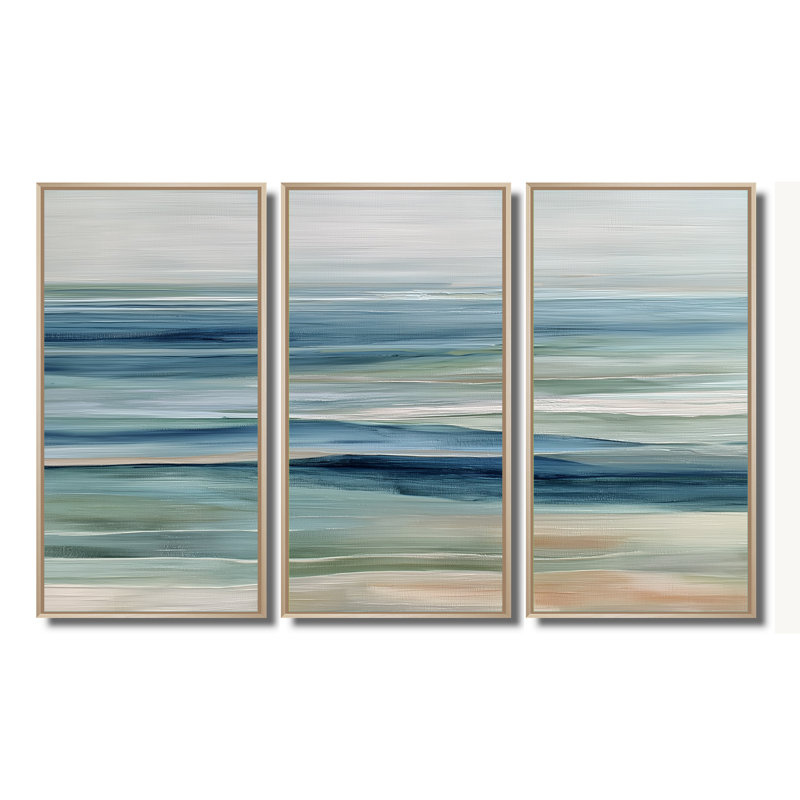 Bleu et vert plage parallèle de paysage côtier abstrait - ensemble de décorations murales de plage, H 40 po x l 60 po