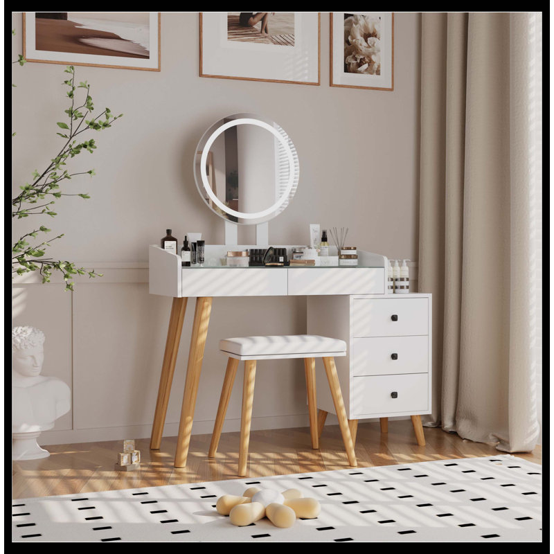Coiffeuse avec lumières DEL, plateau en verre, table d'appoint extensible, 5 tiroirs, miroir et tabouret pour l'organisation et le style de la chambre à coucher.