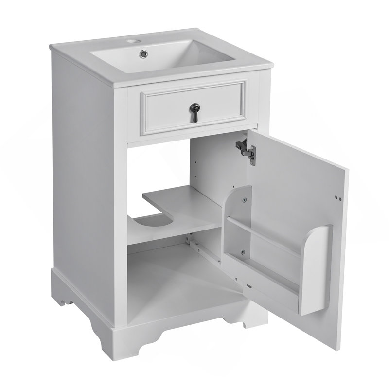 Meuble-lavabo de 20 pouces avec lavabo en céramique, porte à fermeture douce, tablette réglable et support de rangement fixé à la porte - idéal pour les petites salles de bain