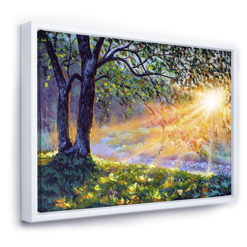 «Dawn Sunshine Light by the River», reproduction d'art sur toile, H 36 po x l 46 po x 1,5 po, Toile blanche encadrée