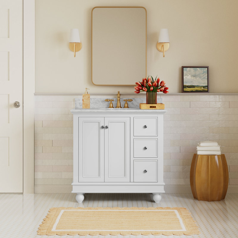 Ferdinand 36'' Single Bathroom Vanity with Top, White, Carrara Marble