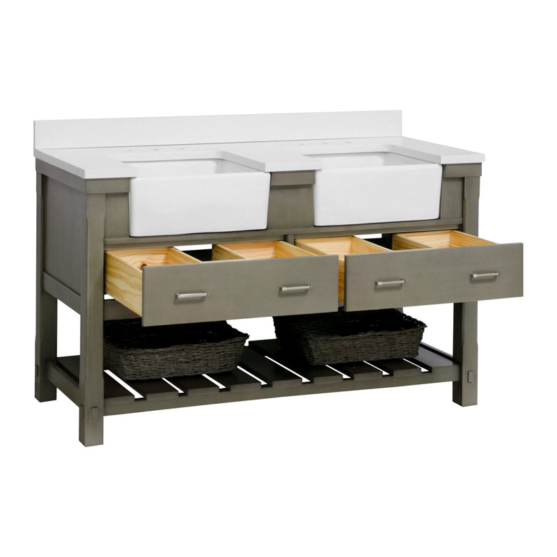 Hitton 60'' Double Bathroom Vanity with Top, Weathered Gray, Quartz