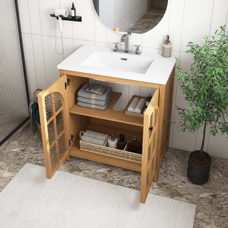 Meuble-lavabo Farmhouse avec lavabo en céramique, armoire de salle de bain rustique rétro avec poignées en bronze et 2 portes à fermeture en douceur