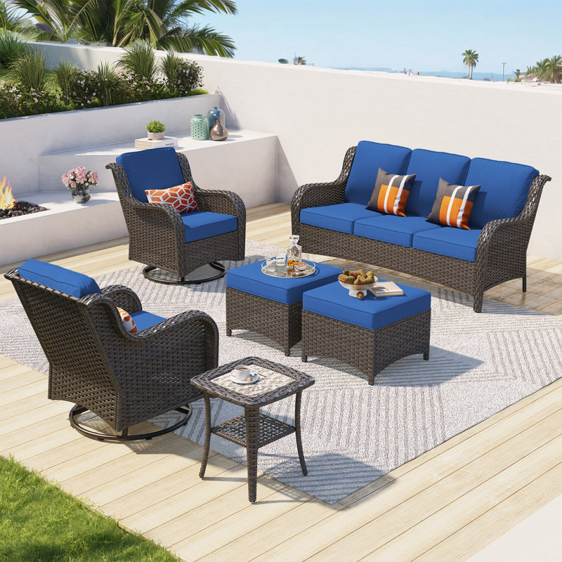 Guillen Wicker/Rattan 5 - Person Seating Group With Swivel chairs and Cushions, Navy Cushion/Brown Frame